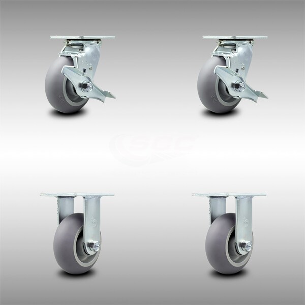 5 Inch SS Thermoplastic Rubber Caster Set with Ball Bearings 2 Brake 2 Rigid SCC